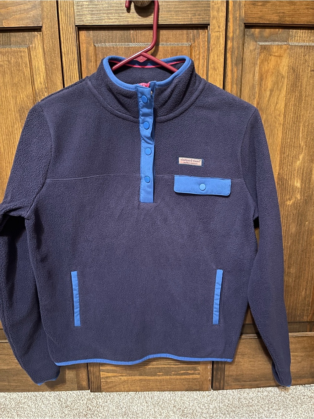 Vineyard Vines Navy Fleece Zip Pullover with Light Blue Trim